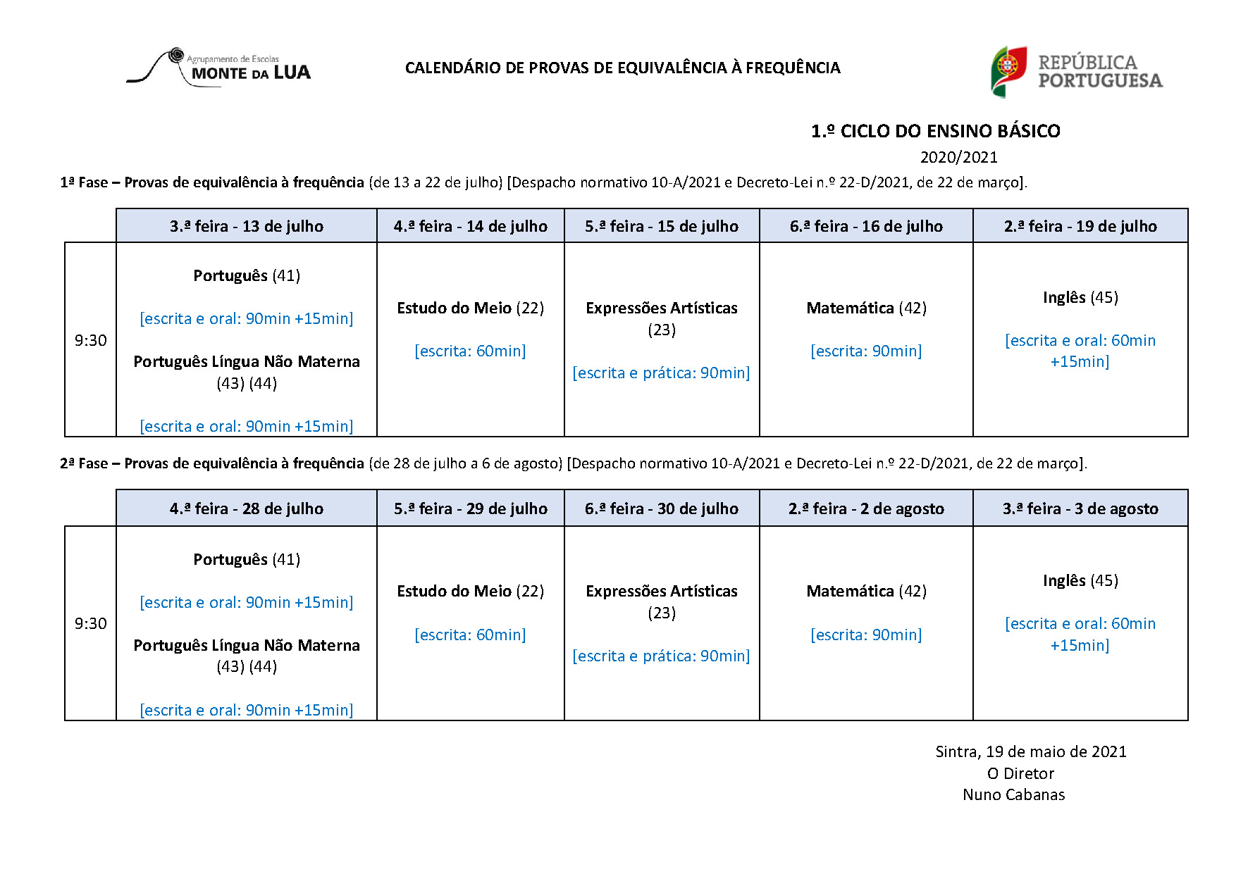 Calendário PEF 1 ciclo 2021