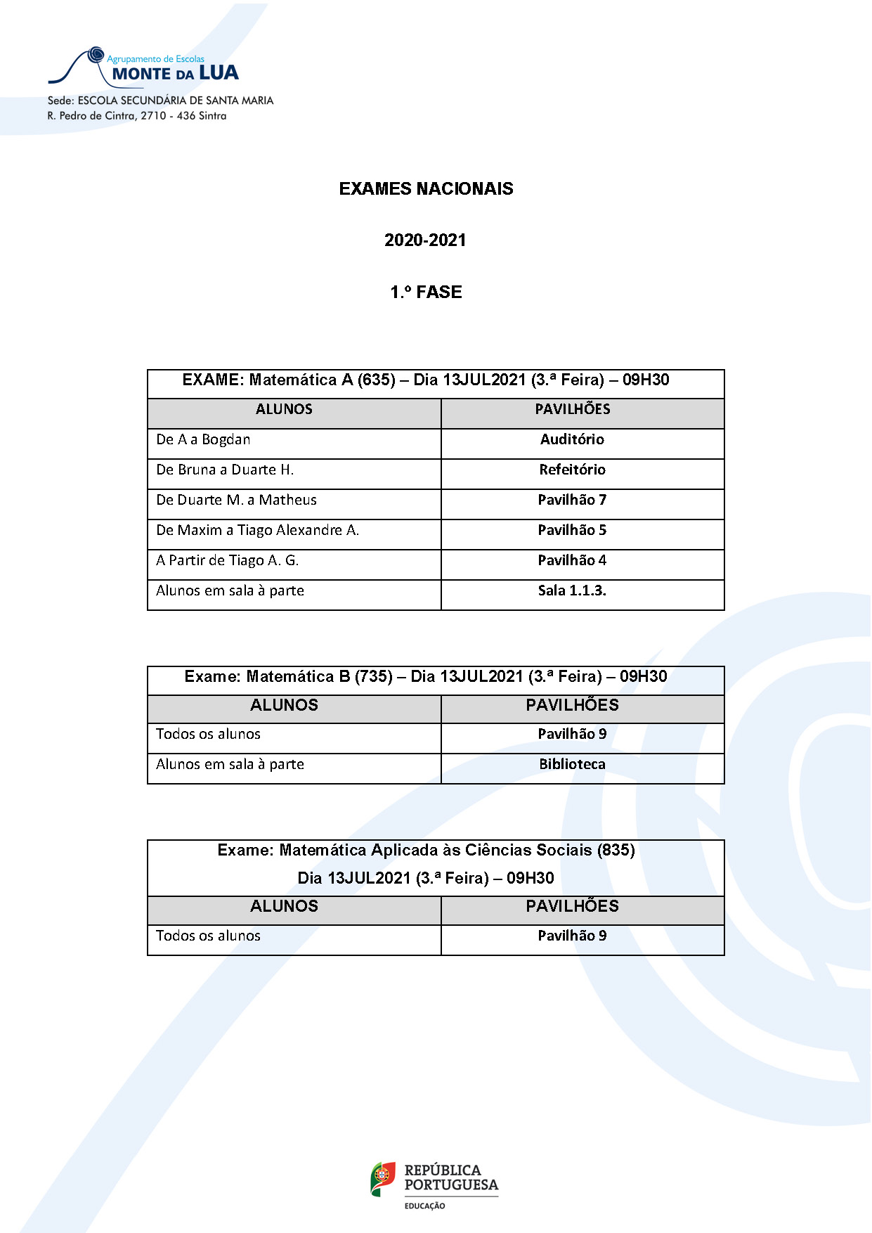 Exames Nacionais Pavilhões 09JUL